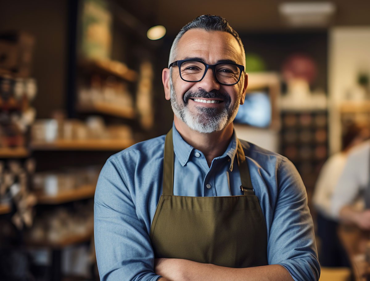 Dueño de negocio sonriendo después de abrir una cuenta corriente comercial con Alianza.